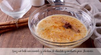 Arroz con leche con caramelo y cobertura de chocolate y cacahuetes para Thermomix