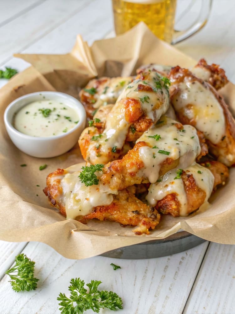 Alitas de pollo crujientes con salsa cremosa de parmesano y ajo en freidora de aire