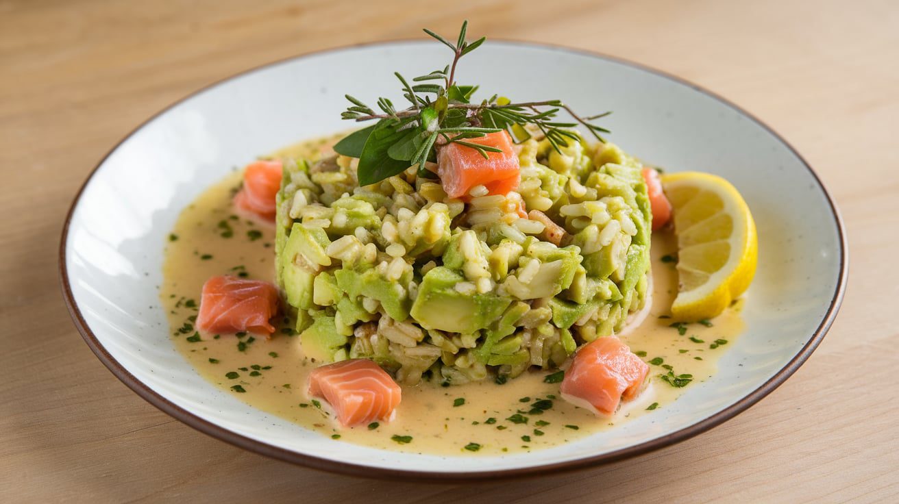 Ensalada de salmón, aguacate y arroz con salsa con Thermomix