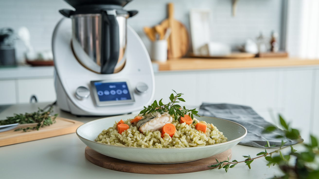 Arroz verde cremoso con chirlas y merluza en Thermomix