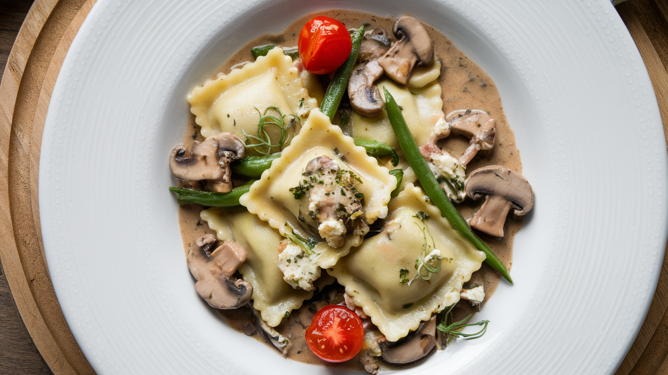 Ravioli de calabacín con champiñones y pisto con Thermomix