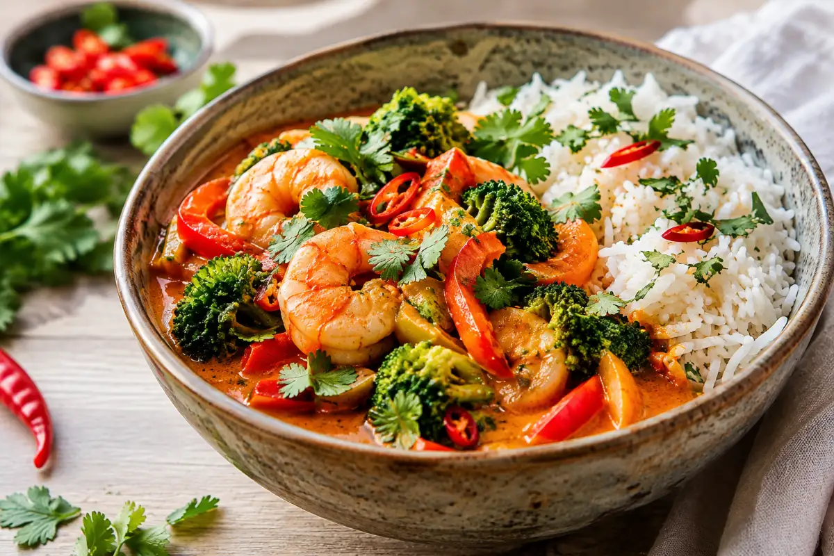 Curry tailandés aromático con verduras, langostinos y arroz Thermomix