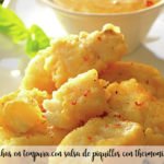 Cocochas en tempura con salsa de piquillos en Thermomix
