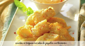 Cocochas en tempura con salsa de piquillos en Thermomix