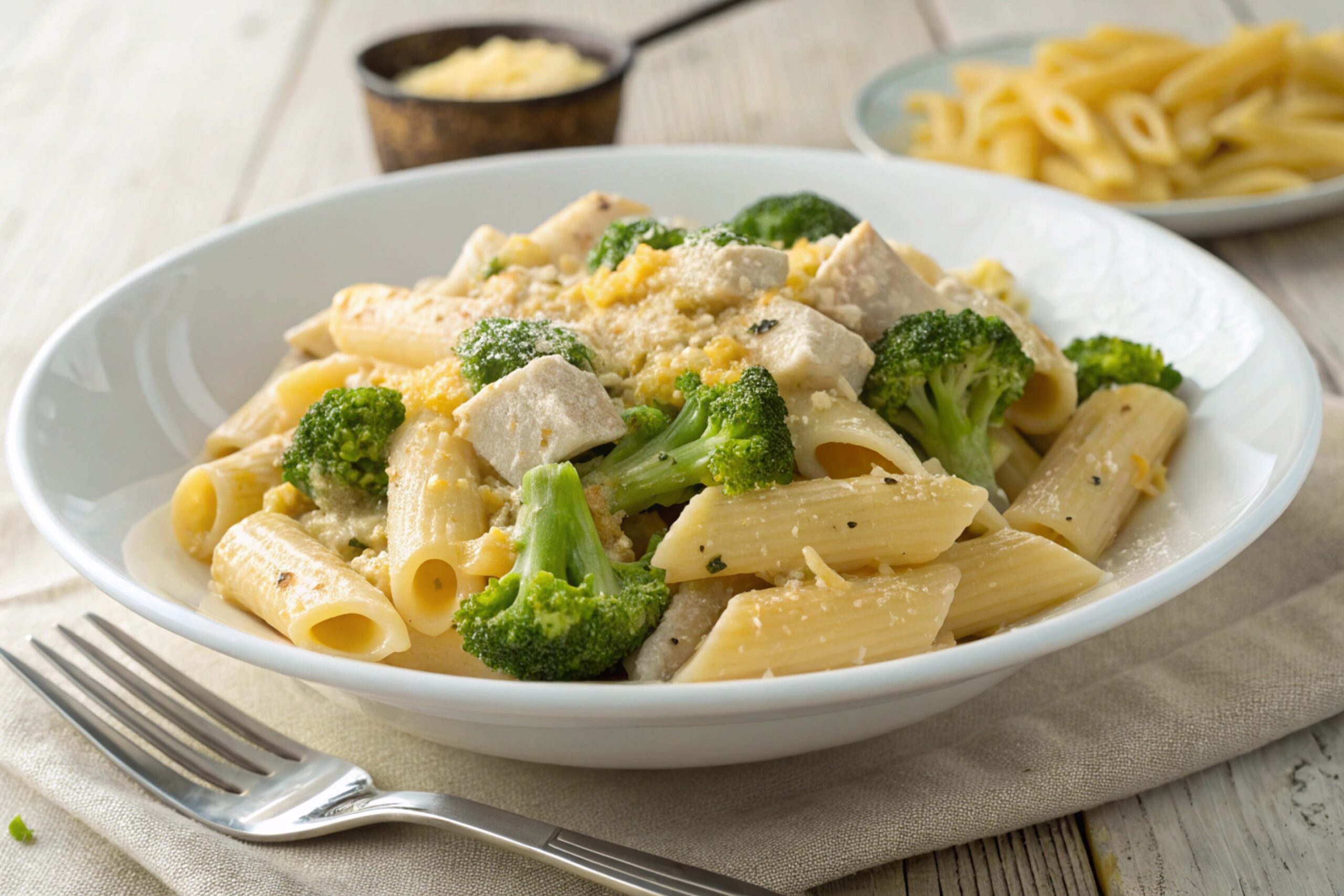 Pasta Rigatoni con pollo y brócoli horneada en freidora de aire