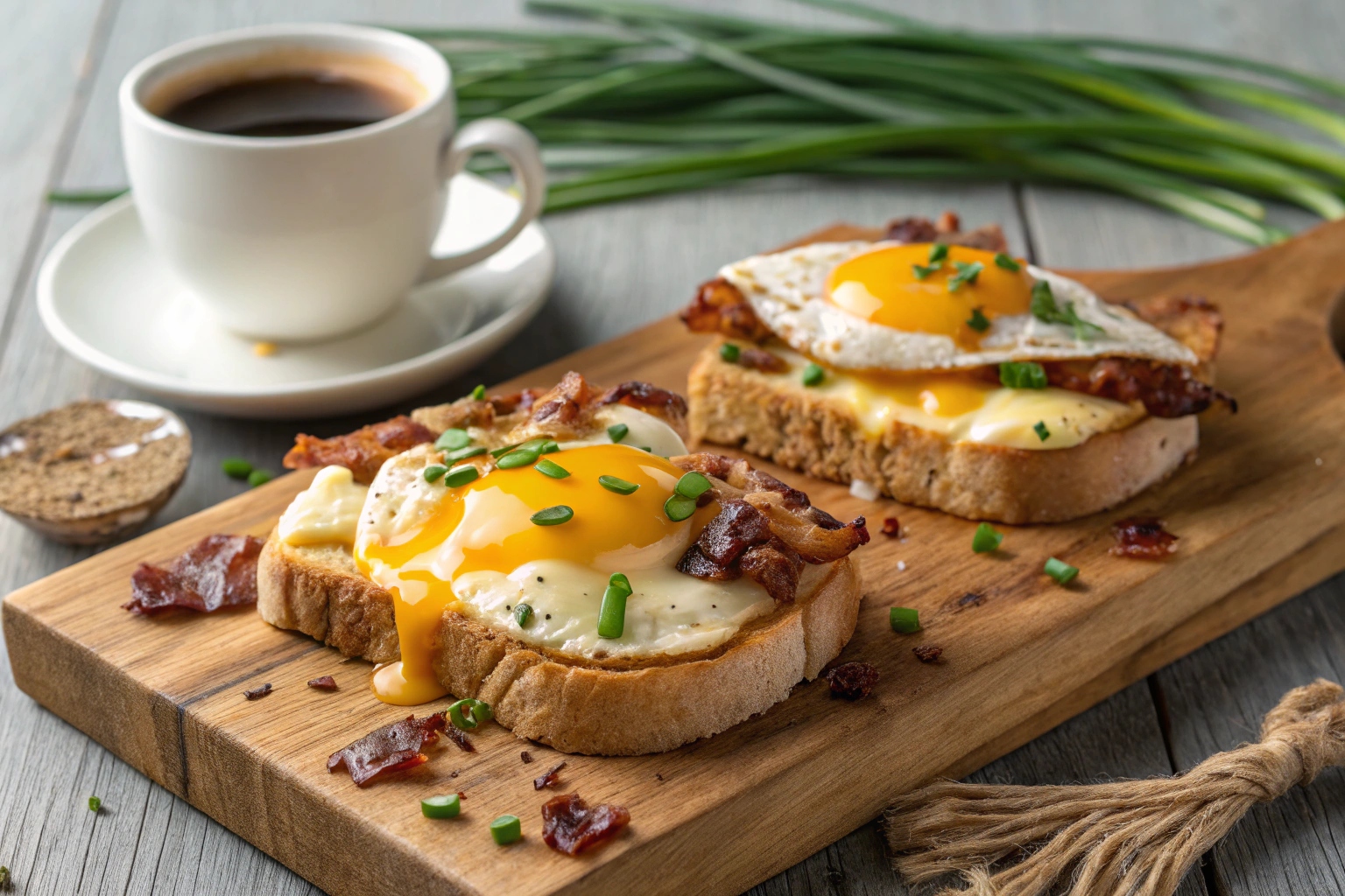 Tostadas con huevos, queso y bacon con freidora de aire