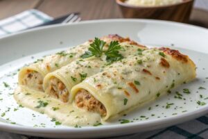 Canelones con salchichas tipo Weißwurst en freidora de aire