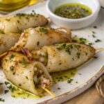 Calamares rellenos de atún y gambas en freidora de aire