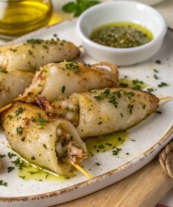 Calamares rellenos de atún y gambas en freidora de aire