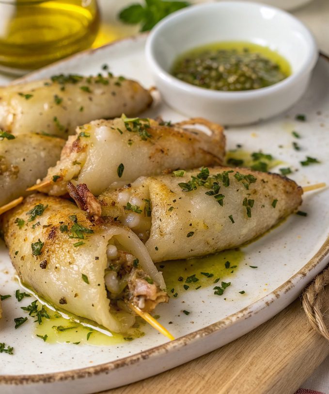 Calamares rellenos de atún y gambas en freidora de aire