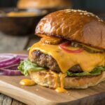 Hamburguesa con queso cheddar fundido en freidora de aire