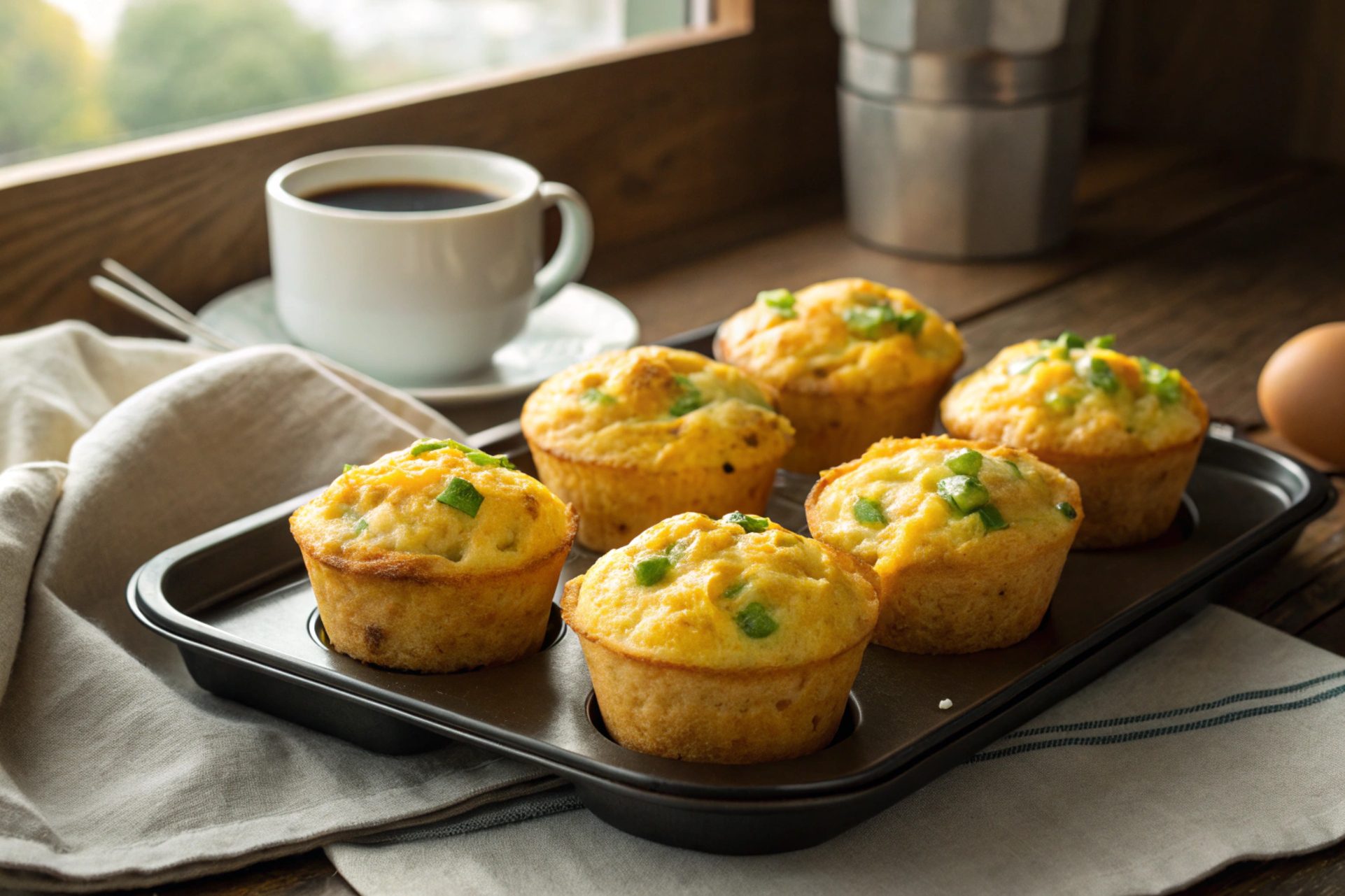Muffins de tostadas con huevo y cebolla verde en freidora de aire - airfryer