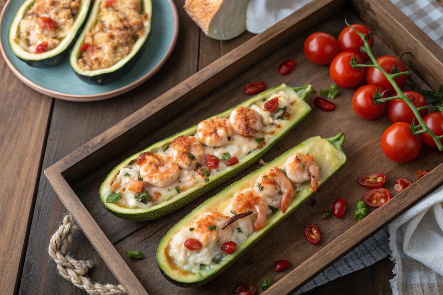 Calabacines rellenos de langostinos y jamón en freidora de aire - airfryer