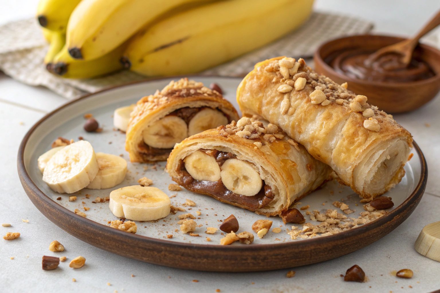 Cañas de hojaldre rellenas de plátano y crema de avellana con freidora de aire - air fryer