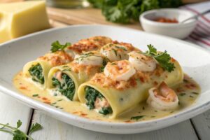 Rollos de pasta rellenos de langostinos y espinacas con freidora de aire