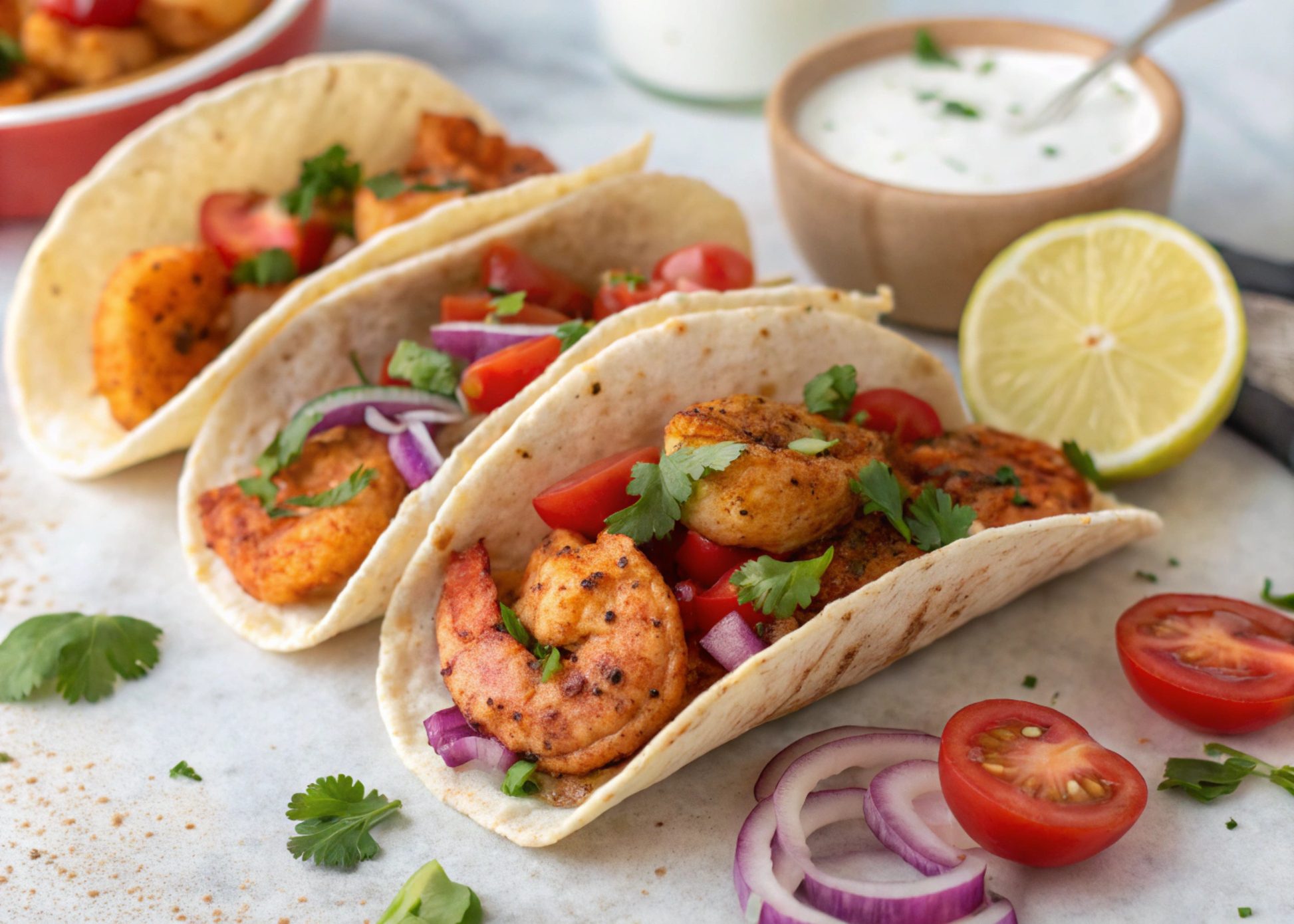 Tacos de gambas con tomate , cilantro y salsa de yogur en freidora de aire
