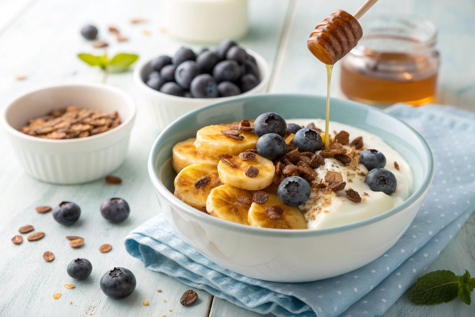 Yogur con plátano caramelizado en freidora de aire