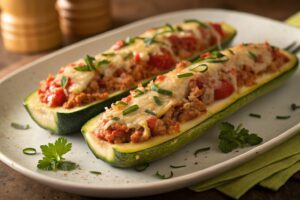 Calabacín relleno de atún y tomate en freidora de aire