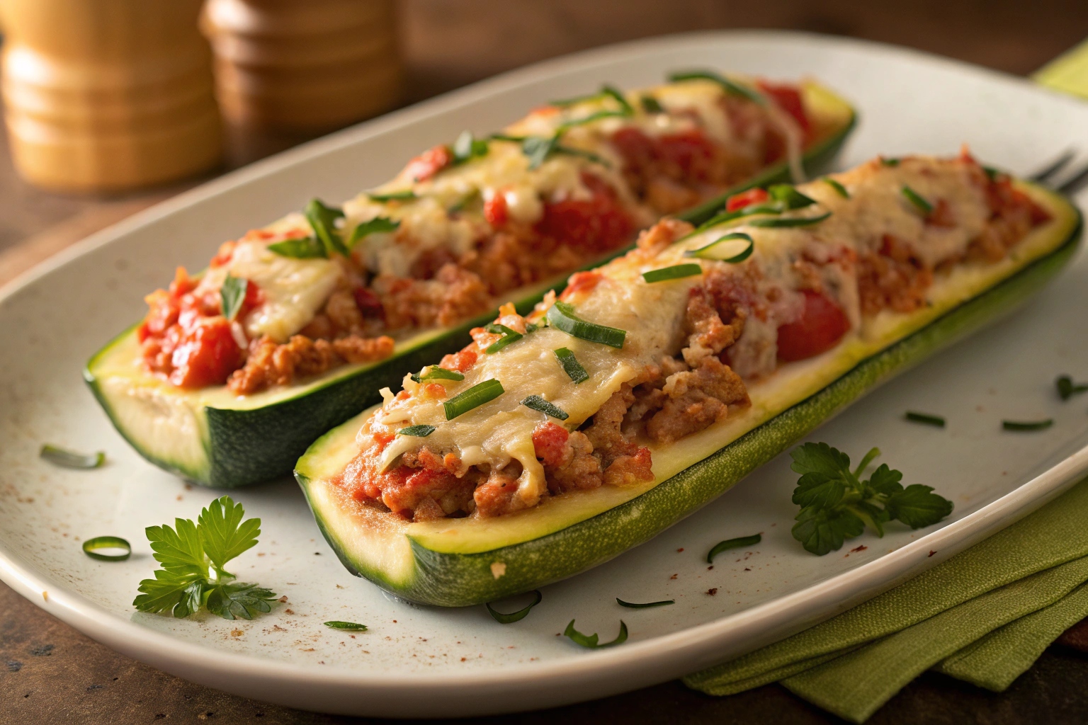 Calabacín relleno de atún y tomate en freidora de aire