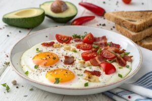 Huevos Fritos con Tocino, Tomate y Pimiento en Freidora de Aire
