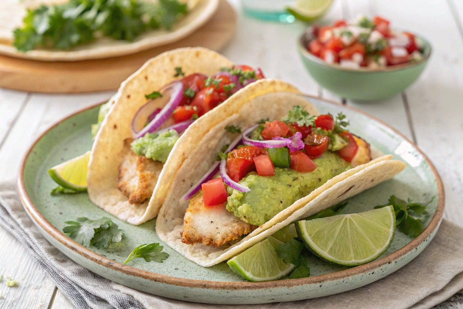 Tacos de bacalao con crema de aguacate y tomate con freidora de aire - air fryer