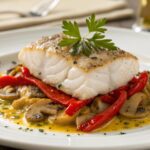 Un plato elegante de bacalao blanco y jugoso servido sobre una cama de salsa de setas doradas y pimientos rojos asados, con colores vibrantes y textura brillante. El bacalao presenta láminas perfectas, ligeramente separadas, con un hilo de aceite de oliva por encima y perejil fresco espolvoreado. Fondo neutro y luz natural suave tipo fotografía gastronómica profesional, estilo moderno y apetitoso, ideal para redes sociales.