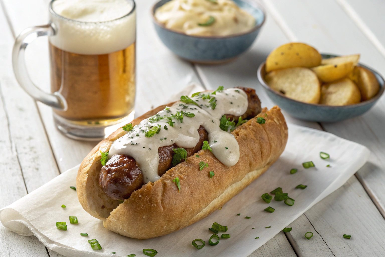 Salchichas Bratwurst en freidora de aire con salsa de queso a la cerveza
