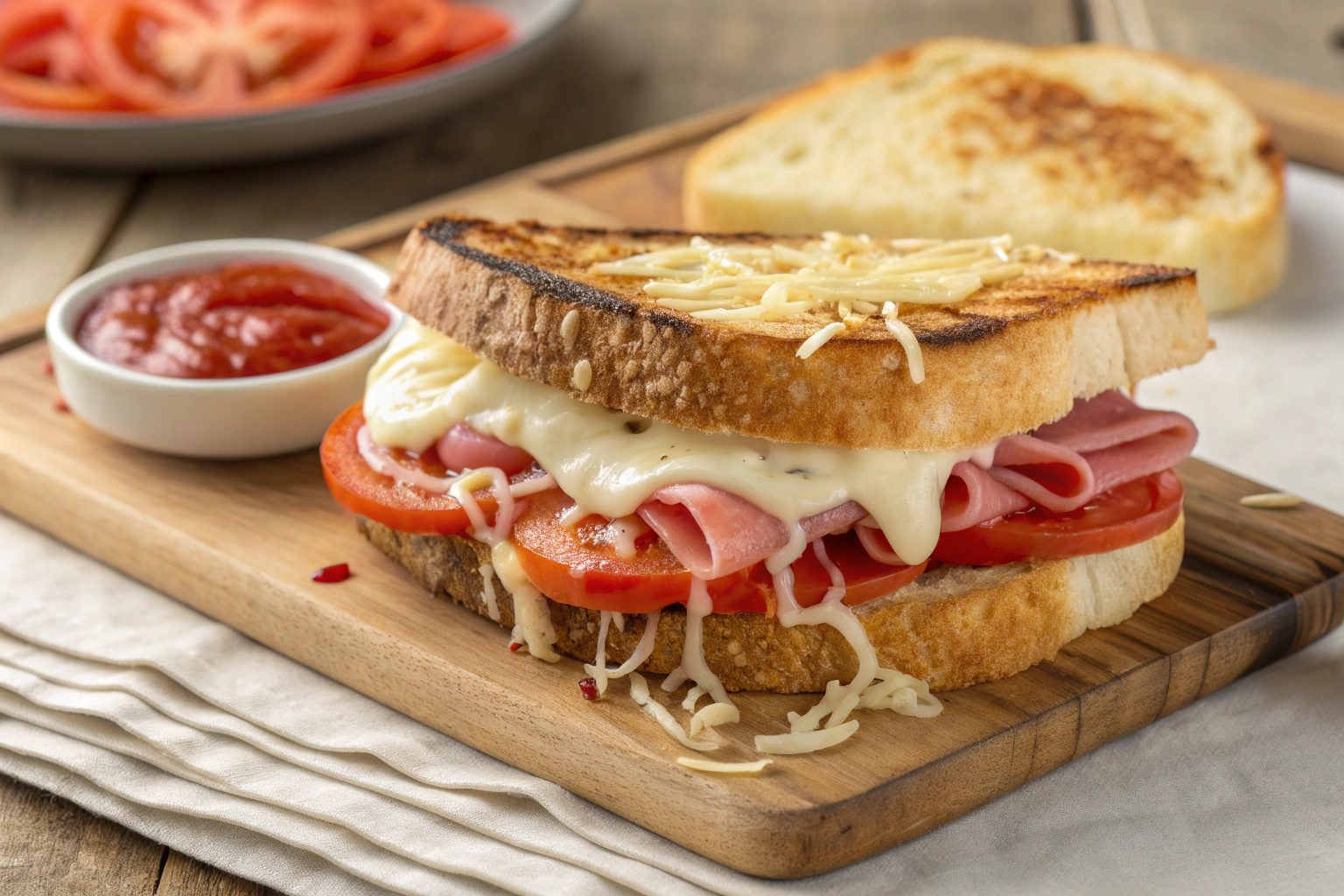 Sandwich mixto con tomate y toque de barbacoa en freidora de aire