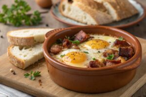 Cazuelita de huevos gratinados con bacon y mozzarella con freidora de aire