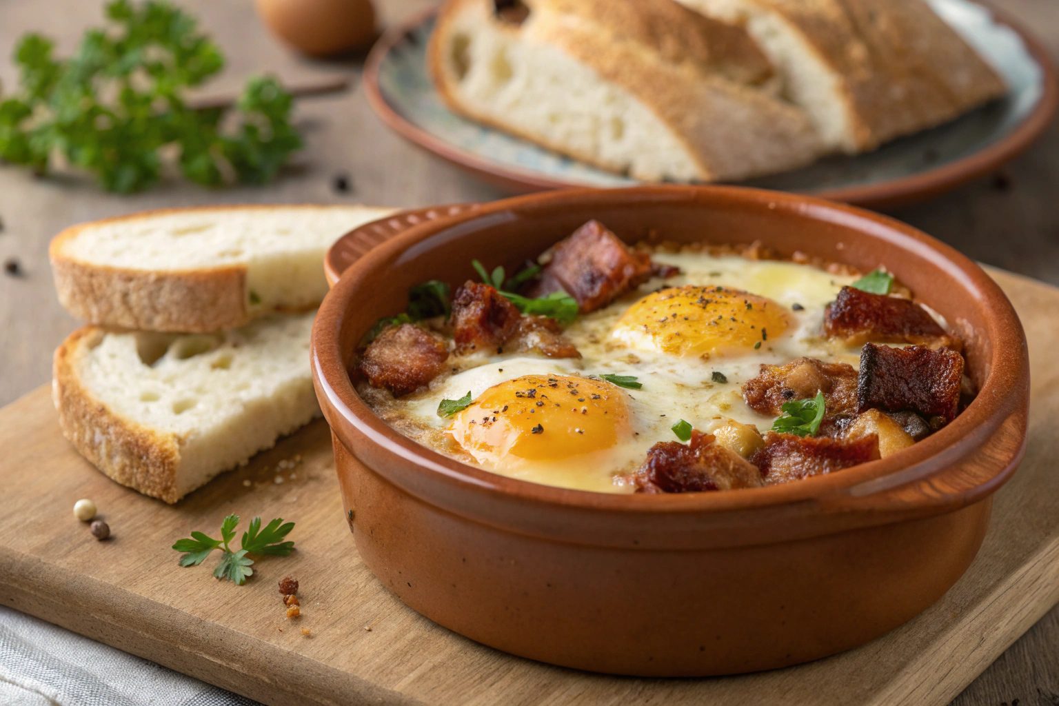 Cazuelita de huevos gratinados con bacon y mozzarella con freidora de aire