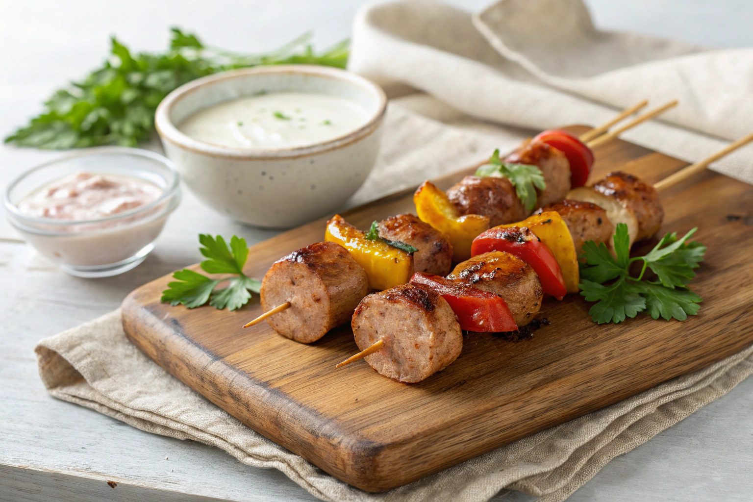 Brochetas de salchichas bratwurst y verduras con freidora de aire - airfryer
