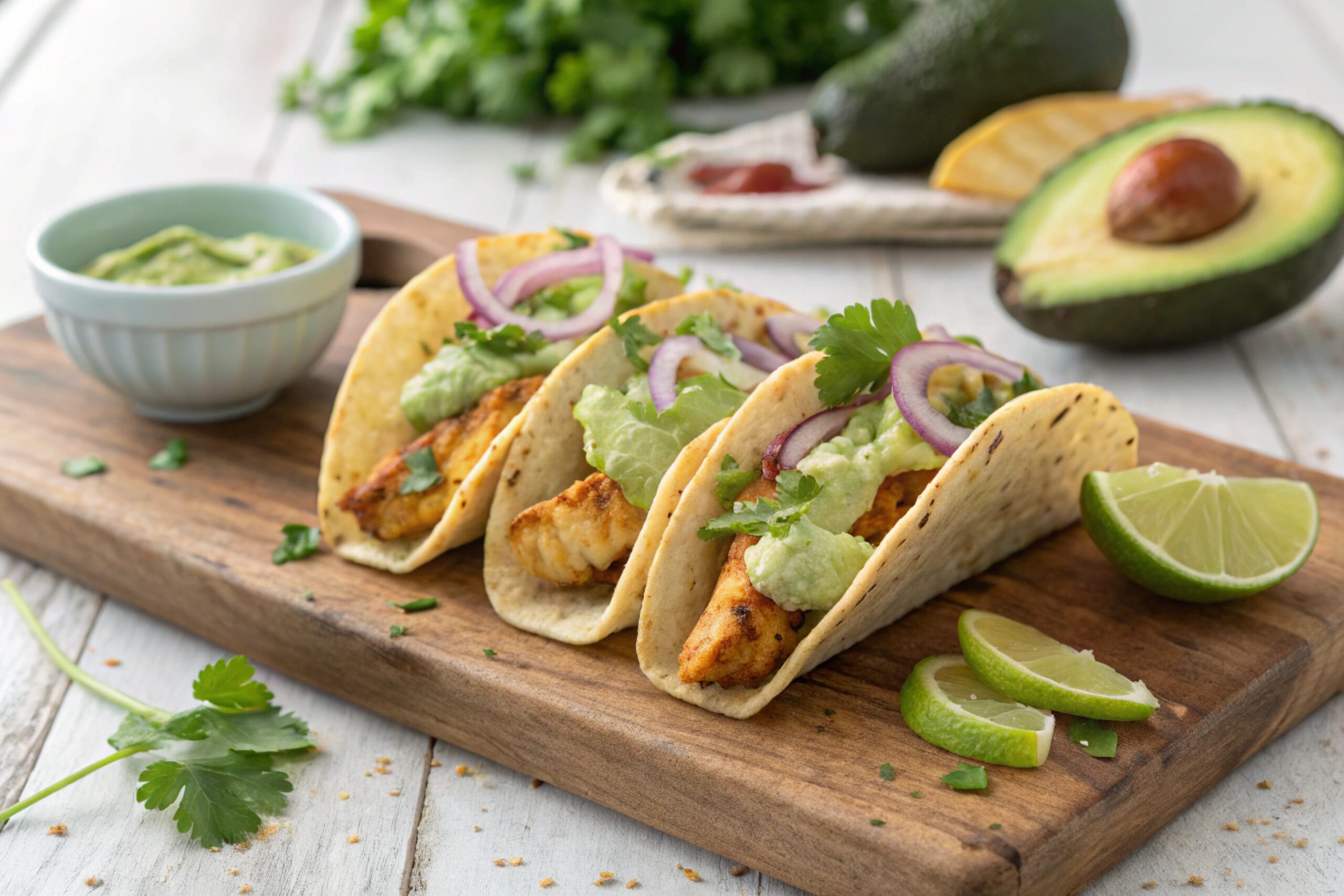 Tacos de pollo crujiente en salsa verde de aguacate con freidora de aire - airfryer