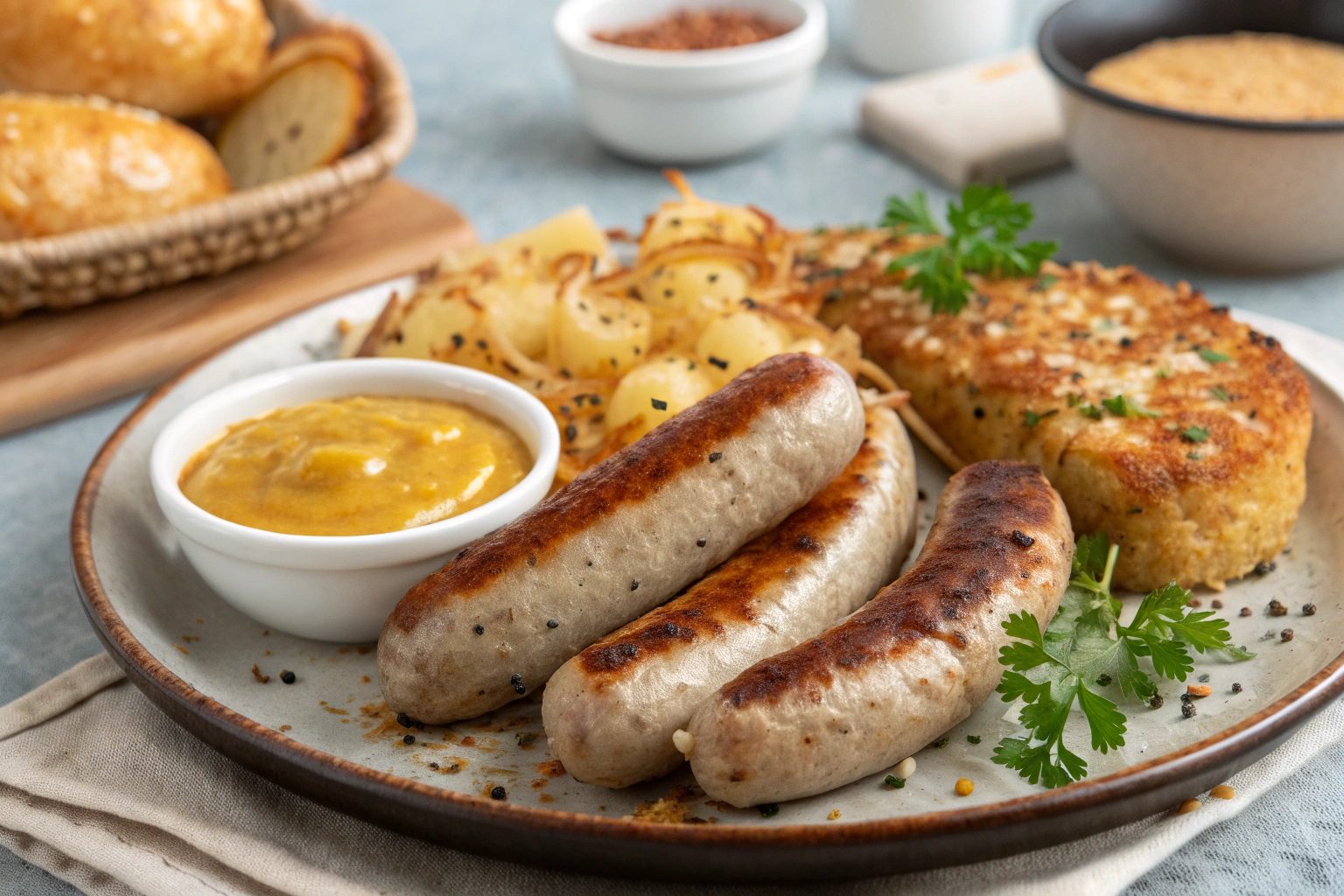 Salchicha blanca alemana con patatas asadas o Rösti en freidora de aire